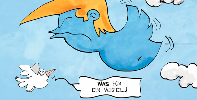 »Was für ein Vogel fliegt denn da?«: Donald Trump irritiert am Präsidentenhimmel. Er selbst scheint seine Flugbahn auch noch nicht ganz gefunden zu haben. (Zeichnung: pa/dieKLEINERT.de/Kostas Koufogiorgos)