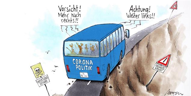 Gratwanderung Corona (Zeichnung: Mester)