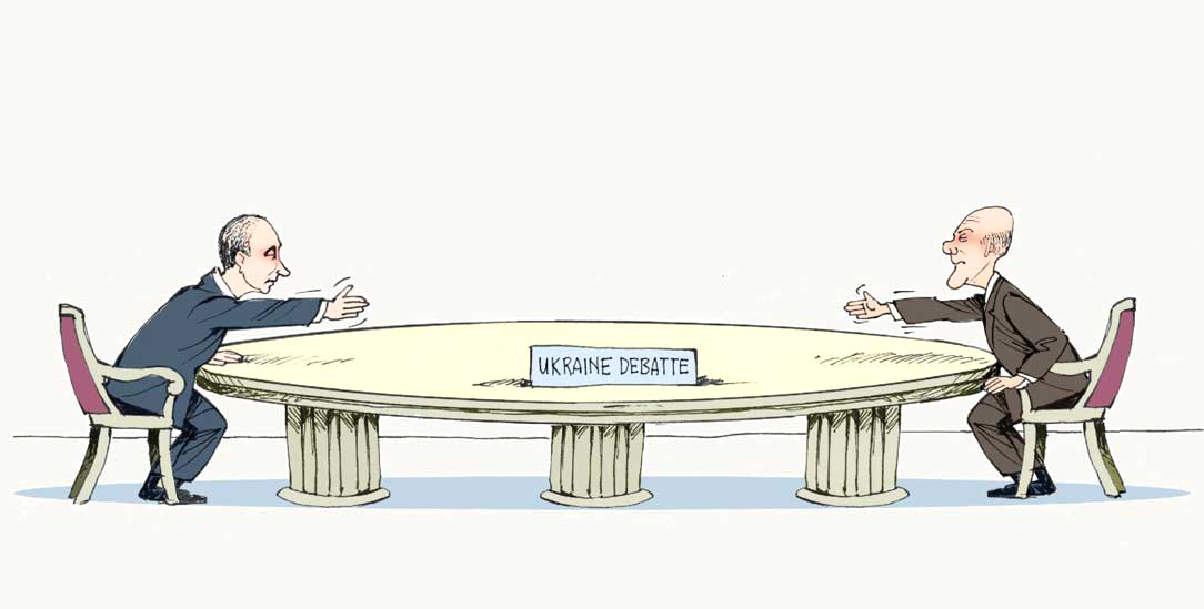 Zurück an Putins Tisch? »Beenden lassen sich Kriege nur politisch«(Zeichnung: PA/dieKLEINERT/Bernhard Foerth)