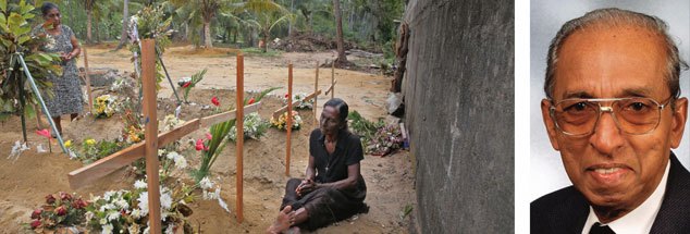 Bild der Ohnmacht: Eine Frau trauert an den Massengräbern am Friedhof von Negombo. Father Emmanuel Semampillai (rechts) beginnt mit seiner Friedensarbeit in Sri Lanka wieder von vorn. (Fotos: pa/AP Photo/Manish Swarup; privat)