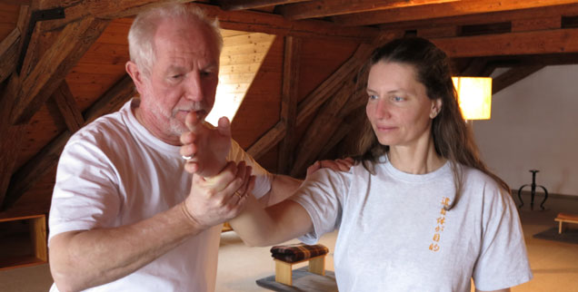 Übung ist alles, deshalb demonstriert Ludger Bradenbrink (links) wichtige Griffe: "Aikido hat mir mehr noch als die Theologie die Angst genommen, im Leben unter die Räder zu geraten." (Foto: Mende)