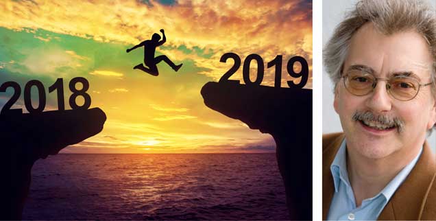 Der Sprung ins Jahr 2019: Ein eher dunkles Jahr verlassen, ein helles vor uns? Es gibt Anlass zur Hoffnung, findet Wolfgang Kessler (rechts). (Fotos: istockphoto/oatawa; privat)