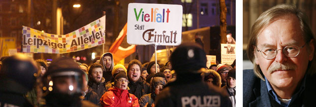 Lieber "Leipziger Allerlei" als die ach so patriotischen Legida-Demonstranten: Hans-Jürgen Röder (rechts) erlebte Leipzig am Mittwochabend - und war froh über den kreativen Gegen-Aufzug weltoffener Demokraten. (Fotos: pa/dpa/Sebastian Willnow; privat)