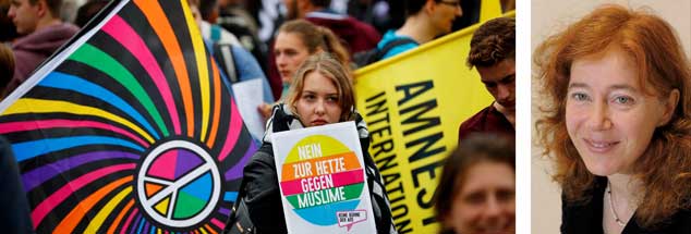 Teilnehmer einer Gegendemonstration gegen die Ausschreitungen Rechter in Chemnitz. »Wir müssen uns den Herausforderungen stellen«, sagt die Chemnitzer Pfarrerin Dorothee Lücke (Fotos:pa/Reuters/Hanschke; privat)