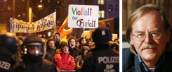 Lieber "Leipziger Allerlei" als die ach so patriotischen Legida-Demonstranten: Hans-Jürgen Röder (rechts) erlebte Leipzig am Mittwochabend - und war froh über den kreativen Gegen-Aufzug weltoffener Demokraten. (Fotos: pa/dpa/Sebastian Willnow; privat)