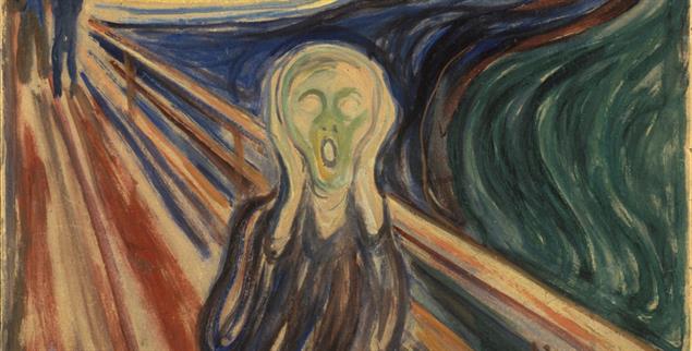 Edvard Munchs berühmtestes Bild ist »Der Schrei«. Er hat dieses Motiv zwischen 1893 und 1910 in verschiedenen Variationen gemalt. In seinem Tagebuch schreibt er von einem Erlebnis existenzieller Angst, das ihn dazu inspiriert hat: »Ich fühlte, wie ein langer, unendlicher Schrei durch die Natur ging.« (Foto: Munch Museum)