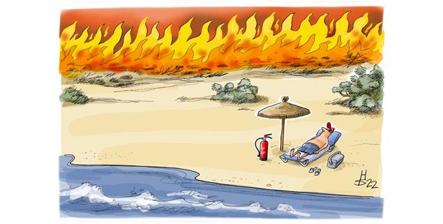 Normalitätssimulation: Urlaub machen am Strand während die Wälder brennen (Zeichnung: Heiko Sakurai)