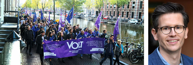 In Amsterdam arbeitete die junge Partei "Volt" ein europaweites Wahlprogramm aus - und machte mit einer Kundgebung auf sich aufmerksam. Prof. Dr. Swen Hutter sieht in Volt Ähnlichkeiten zur Bürgerbewegung "Pulse of Europe" (Fotos: volteuropa.org; Swen Hutter/David Ausserhofer).