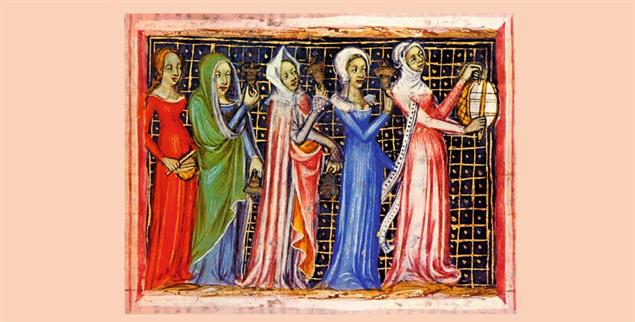  Unter der Führung von Frauen: Mirjam führt mit Trommelschlägen und Tanz den Gang durchs Rote Meer an. Miniatur aus der Bibel des böhmischen Königs Wenzel/Václav IV., 14. Jahrhundert. (Foto: akg-images / Fototeca Gilardi)