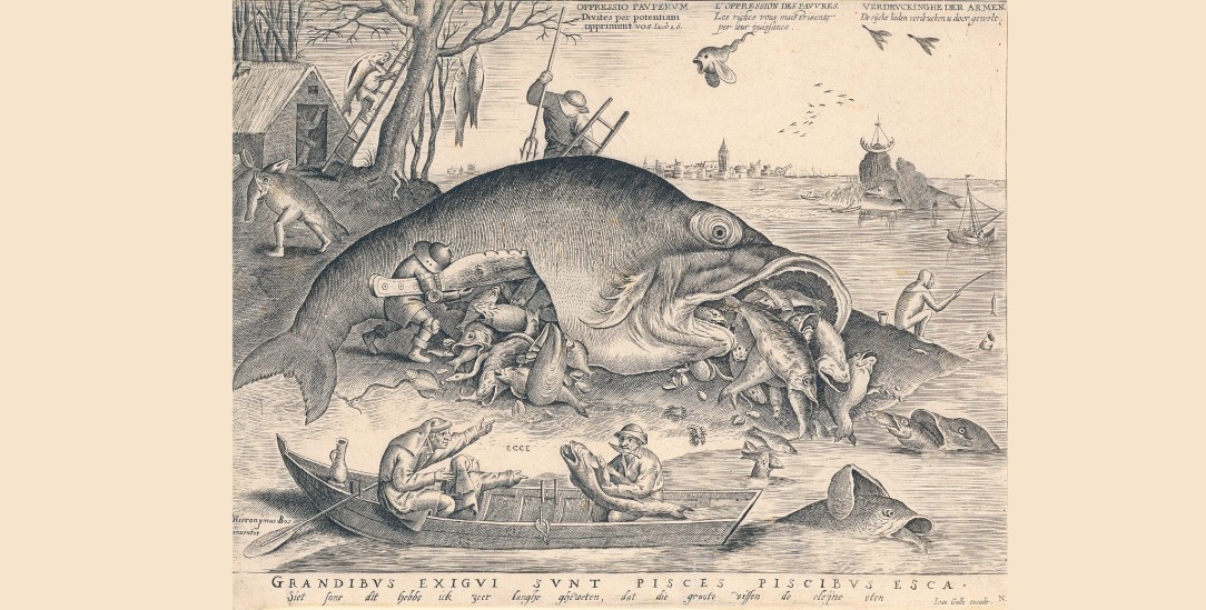 Drucke von Pieter Breughel sind bis 20. September im Frankfurter Städelmuseum zu sehen (Pieter Bruegel d. Ä., Die großen Fische fressen die kleinen, 1570, Gestochen von Pieter van der Heyden, Kupferstich 228 x 295 mm, Staatliche Graphische Sammlung München)