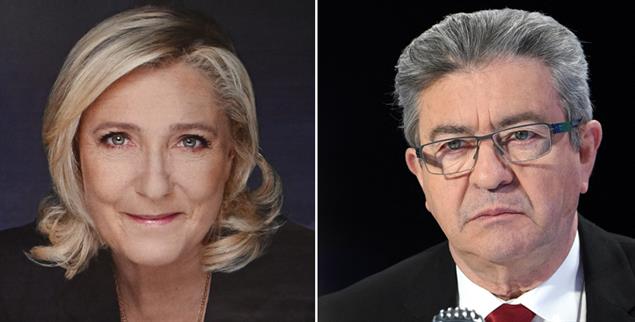 Marine Le Pen und Jean-Luc Mélenchon gehören zu den aussichtsreichsten Kandidaten für die Präsidentenwahl in Frankreich. Beide vertreten radikale Positionen – und könnten es in die Stichwahl schaffen. Eine solche Konstellation gab es noch nie.(Foto links: picture alliance/dpa/MAXPPP | Julien Mattia / Le Pictorium / Foto rechts: picture alliance / abaca | Apaydin Alain/ABACA)    