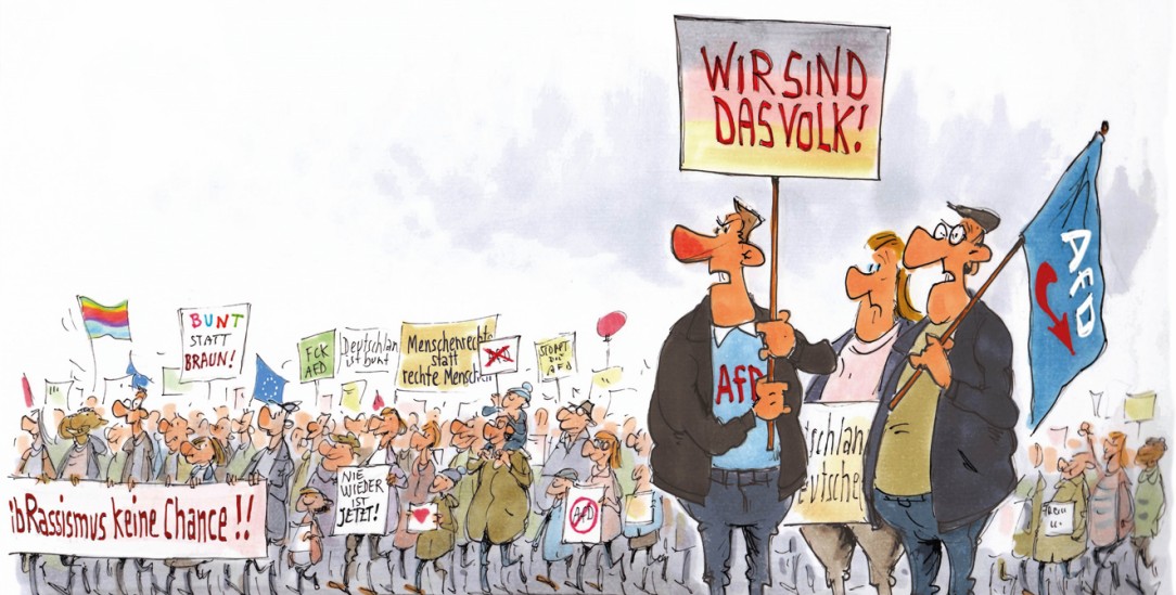 Die Demonstrationen gegen Rechtsextremismus zeigen: Die AfD kann nicht länger behaupten, sie sei des Volkes Stimme. (Zeichnung: Mester)