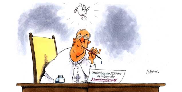 Besser nix schreiben über Verhütung? Der Papst will offenbar keine neue Kaninchen-Enzyklika herausgeben, das ist ihm zu nervig. (Zeichnung: Mester)