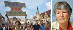 Es kann zum Gewinn für alle werden, wenn die Wirtschaft schrumpft, meinten kürzlich die Teilnehmer der Leipziger Degrowth-Konferenz, die mit einer großen Demonstration endete. Ökonomin Angelika Zahrnt (rechtes Bild) erläuterte in Leipzig ihre Vorstellung von einer Postwachstumsgesellschaft  (Fotos: Klimagerechtigkeit Leipzig; pa)