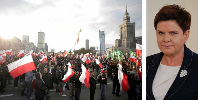 Ministerpräsidentin Beata Szydlo (rechts) legte gegenüber den Rechten bisher eine wohlwollend-duldende Haltung an den Tag. Auch am Nationalfeiertag Mitte November kritisierte sie die wütenden Nationalisten nicht. (Fotos: PA/Arriens/NurPhoto; Reuters/ Agencja Gazeta/Adam Stepien)
