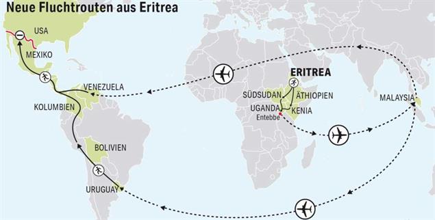 Weiter und teurer: Neue Fluchtrouten führen von Eritrea über Uganda, Malaysia und Uruguay nach Mexiko (Grafik: infotext-berlin.de)