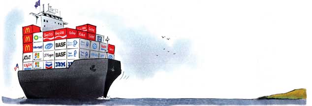 Ein Schiff wird kommen: Die Freihandelsabkommen TTIP, Ceta und Tisa sind auf dem Weg, mit teils dramatischen Folgen. (Zeichnung: Mester)