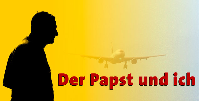 Papst Benedikt XVI. im Anflug auf Deutschland: Am Donnnerstag, 22. September, wird er in den späten Vormittagsstunden in Berlin erwartet. Von dort aus wird das Publik-Forum-Reisetagebuch "Der Papst und ich" fortgeführt. Es schreiben neben Britta Baas auch Bettina Röder, Ulrike Greim und Thomas Seiterich (Foto: pa)