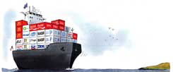 Ein Schiff wird kommen: Die Freihandelsabkommen TTIP, Ceta und Tisa sind auf dem Weg, mit teils dramatischen Folgen. (Zeichnung: Mester)