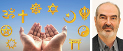 Beziehen sich die Gottesbilder der Religionen auf die gleiche göttliche Wirklichkeit? Der anglikanische Theologe Perry Schmidt-Leukel (Bild) sagt Ja (Foto: ©Exzellenzcluster »Religion und Politik«/Sarah Batelka; Bildmontage: Publik-Forum; Bildmaterial: iStock/pop_jop, iStock/golfloi17)