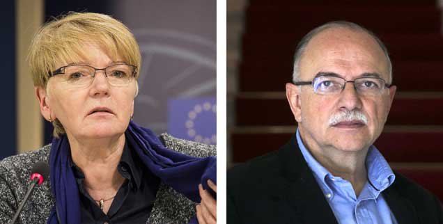 Engagieren sich für parteiübergreifende Zusammenarbeit linker Kräfte im EU-Parlament: Gabi Zimmer (Die Linke) und Dimitris Papadimoulis (Syriza)(Fotos: pa/Dabkowski; pa/Mehmet)