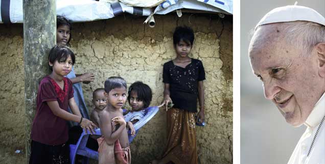 Rohingya im Flüchtlingscamp (links), ein zugewandter Franziskus (rechts): »Papst Dickkopf« hat offenbar auf den letzten Metern durchgesetzt, dass er Vertreter der verfolgten muslimischen Minderheit treffen wird. (Fotos: pa/AP Photo/Wong Maye-E; pa/Ciccia)
