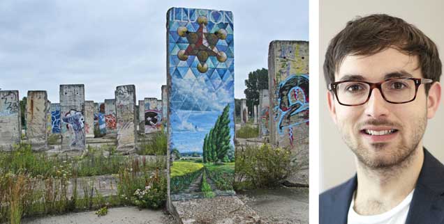 Robert Schachtschneider (rechts) fühlt sich als »Transitkind«: Wenn man 1985 im Osten Deutschlands geboren ist, hat man dann eine gesamtdeutsche Biografie? Die Mauer-Galerie am Südrand von Berlin (links) hat es ihm angetan: »Da ist was Altes, das sich ständig verändert. Man ahnt schon, dass in der Brache eines Tages alles voller Leben sein wird.« (Foto: visit Berlin/Björn Lisker)