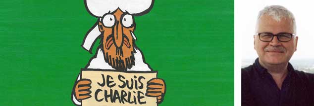 Der Prophet Mohammed sagt auf dem neuen Cover von "Charlie Hebdo": "Je suis Charlie." Ist das nun Verunglimpfung der Religion? Falls das jemand findet, so "brauchen wir diese Gotteslästerung dringend - wie die Luft zum Atmen", findet Christian Modehn (rechts). (Zeichnung: Charlie Hebdo; Foto: Modehn)