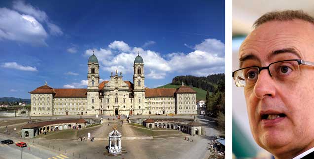 Kloster Einsiedeln in der Schweiz (links), hier war Martin Werlen (rechts) von 2001 bis 2013 Abt: Sein aktuelles Buch »Zu spät« rechnet mit den verpassten Chancen der Kirche ab. (Fotos: pa/dpa/Keystone Bally; privat)