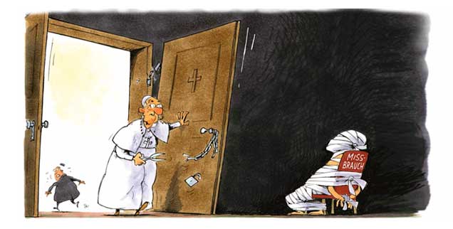 Ein Papst räumt auf: Franziskus setzt sich für die vielen Kinder ein, die von Priestern missbraucht wurden. Aber reicht das, was er tut? (Zeichnung: Mester)