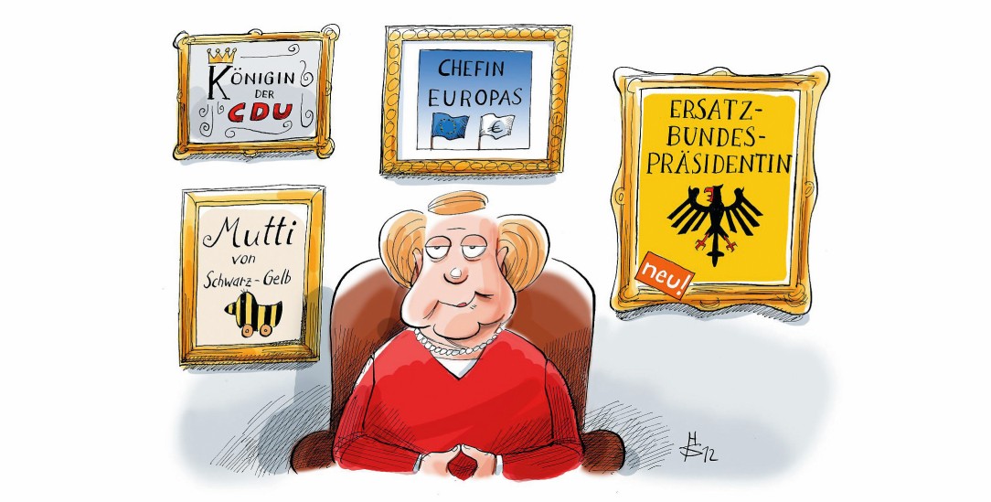 Angela Merkel als Bundespräsidentin? Vor allem für den Kanzler eine Horrorvorstellung. (Zeichnung: Heiko Sakurai)