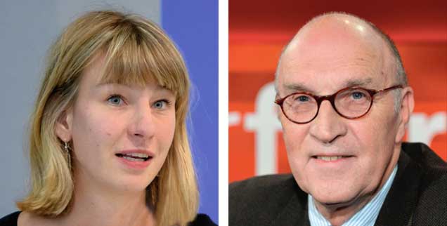 Bringen Atomwaffen mehr Sicherheit? Anne Balzer (links) sagt: "Nein!"  Christian Hacke (rechts) sagt: "Ja!" (Fotos: ICAN; pa/WDR)