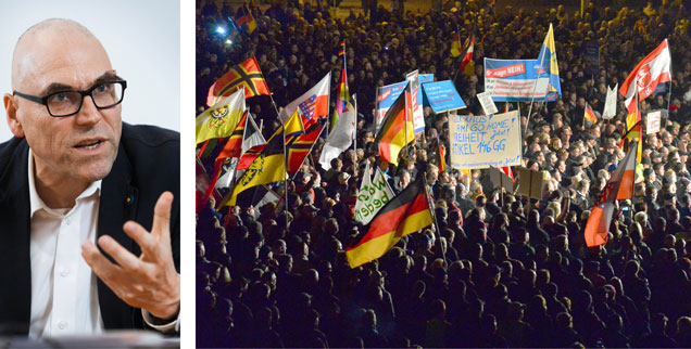 Politologe Wolfgang Schroeder (links): »Die etablierten Parteien müssen sich stärker um eine alltagsnahe Kommunikation Gedanken machen - nicht nur um rationale Argumente. Es fehlt an einem Schuss Leidenschaft.« Rechts: AfD-Demonstration gegen Flüchtlinge in Erfurt: Starke Emotionen gegen  Fremde, Angst vor sozialem Abstieg (Fotos: pa/dpa/Martin Schutt; Schröder/Schulten)
