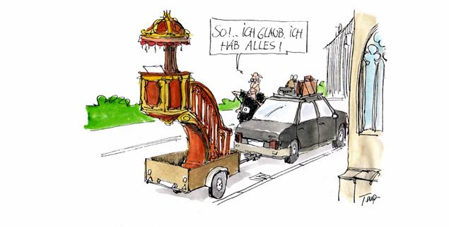 Wie ein Papst in den Urlaub fährt ... (Zeichnung: Thomas Plaßmann)