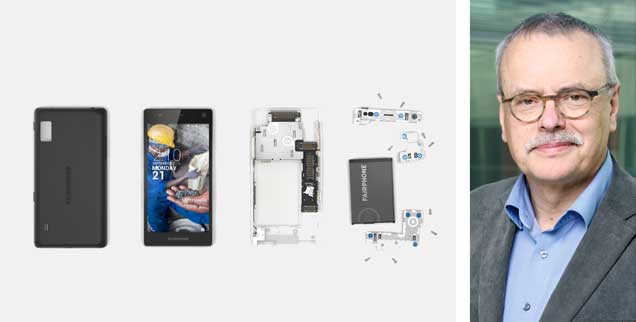 Eigentlich sieht es erst mal aus wie jedes andere Handy auch: Das Fairphone ist trotzdem anders. Uwe Kekeritz (rechts) wäre es recht, wenn einfach jeder einer Fairphone hätte. (Fotos: fairphone; Kaminski)