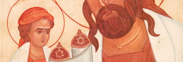 Gemälde aus Emmaus in Israel: Jesus sitzt auf dem Arm seines Vaters Josef und liest in der Thora (Foto: pa/Godong/Robert »Icon of Jesus as a Jew, Emmaus-Nicopolis, Israel«)