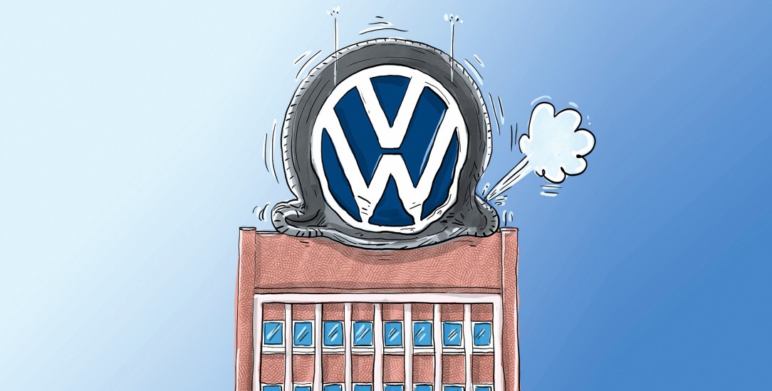 Da ist die Luft raus: Volkswagen und der deutschen Autoindustrie geht es schlecht. (Zeichnung: PA / Die Kleinert / Leopold Maurer)