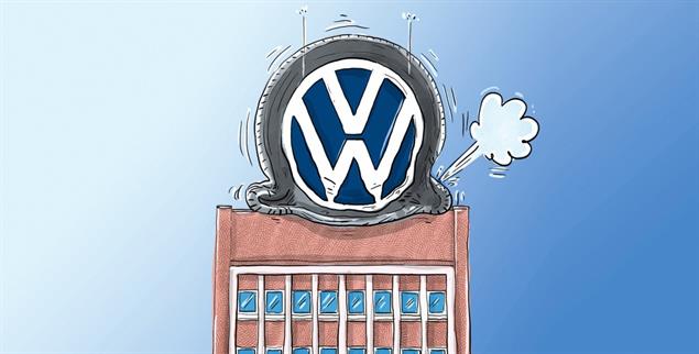 Da ist die Luft raus: Volkswagen und der deutschen Autoindustrie geht es schlecht. (Zeichnung: PA / Die Kleinert / Leopold Maurer)