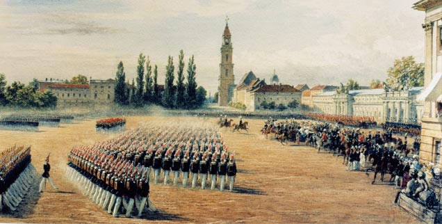 Der Wiederaufbau ist gewissermaßen beschlossene Sache: Historische Ansicht der Garnisonkirche in Potsdam im 19. Jahrhundert, hier zu sehen im Ensemble mit dem Stadtschloss. (Foto des Aquarells von George Housmann: pa/akg)