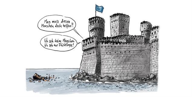 Festung Europa: Hinter immer höheren Mauern droht der Zweck des Asylrechts aus dem Blick zu geraten – Schutz für Menschen, die ihn brauchen. (Zeichnung: Klaus Stuttmann)