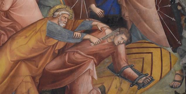 Dem Angreifer einfach ein Ohr abhauen? Petrus, arg kurzschlüssig, auf dem Ölberg. Gemalt von Lippo Memmi (1338–1340) in San Gimignano, Toskana. (Quelle: wikipedia/Nicola Quirico)