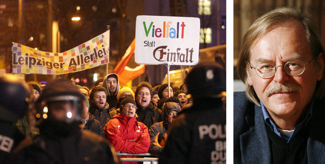 Lieber "Leipziger Allerlei" als die ach so patriotischen Legida-Demonstranten: Hans-Jürgen Röder (rechts) erlebte Leipzig am Mittwochabend - und war froh über den kreativen Gegen-Aufzug weltoffener Demokraten. (Fotos: pa/dpa/Sebastian Willnow; privat)