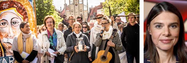 Mahnwache der Initiative "Maria 2.0" zum Auftakt des Frauentreiks am 12. Mai 2019 vor dem Dom in Münster (links). Kein Pardon für die Bischöfe: Buchautorin Christiane Florin (rechts). (Fotos: KNA; pa/Christoph Hardt/Geisler-Fotopres)

