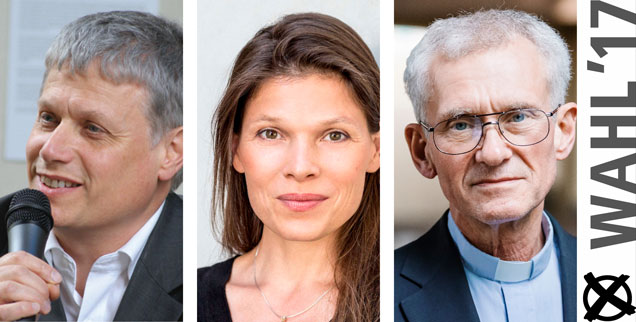 Stephan Bickhardt, Stevie Meriel Schmiedel, Franz Meurer: Wem geben sie ihre Stimme bei der Bundestagswahl 2017? (Fotos: widerstandsraeume.de; Yvonne Schmedemann; Smilla Dankert)