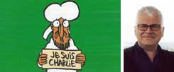 Der Prophet Mohammed sagt auf dem neuen Cover von "Charlie Hebdo": "Je suis Charlie." Ist das nun Verunglimpfung der Religion? Falls das jemand findet, so "brauchen wir diese Gotteslästerung dringend - wie die Luft zum Atmen", findet Christian Modehn (rechts). (Zeichnung: Charlie Hebdo; Foto: Modehn)