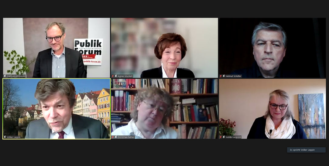 Moderator Matthias Drobinski (obere Reihe links) und die fünf Podiumsgäste (im Uhrzeigersinn): Agnes Wuckelt, Helmut Schüller, Isolde Leopold, Dorothea Sattler und Volker Leppin. Moderator Matthias Drobinski (obere Reihe links) und die fünf Podiumsgäste (im Uhrzeigersinn): Agnes Wuckelt, Helmut Schüller, Isolde Leopold, Dorothea Sattler und Volker Leppin.