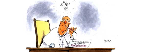 Besser nix schreiben über Verhütung? Der Papst will offenbar keine neue Kaninchen-Enzyklika herausgeben, das ist ihm zu nervig. (Zeichnung: Mester)