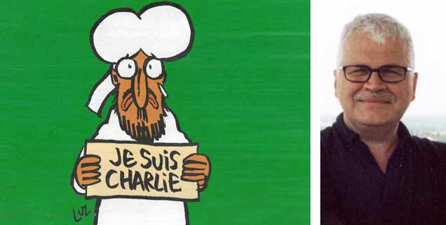 Der Prophet Mohammed sagt auf dem neuen Cover von "Charlie Hebdo": "Je suis Charlie." Ist das nun Verunglimpfung der Religion? Falls das jemand findet, so "brauchen wir diese Gotteslästerung dringend - wie die Luft zum Atmen", findet Christian Modehn (rechts). (Zeichnung: Charlie Hebdo; Foto: Modehn)