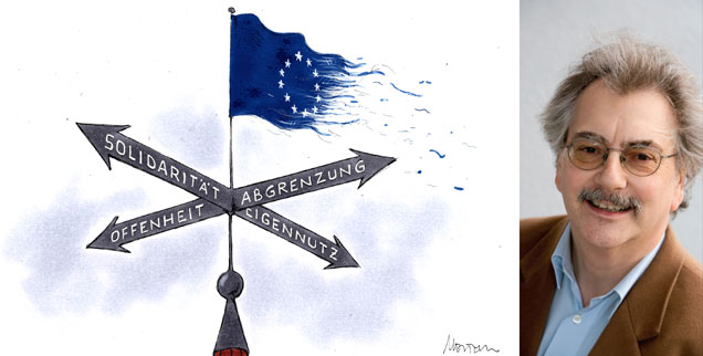 Welchen Weg geht Europa? Trifft es keine Entscheidung, wird es von zunehmender Gewalt, Rechtspopulismus und Angst zerstört, sagt Wolfgang Kessler (rechts). (Zeichnung: Mester; Foto: Publik-Forum) Welchen Weg geht Europa? Trifft es keine Entscheidung, wird es von zunehmender Gewalt, Rechtspopulismus und Angst zerstört, sagt Wolfgang Kessler (rechts). (Zeichnung: Mester; Foto: Publik-Forum)