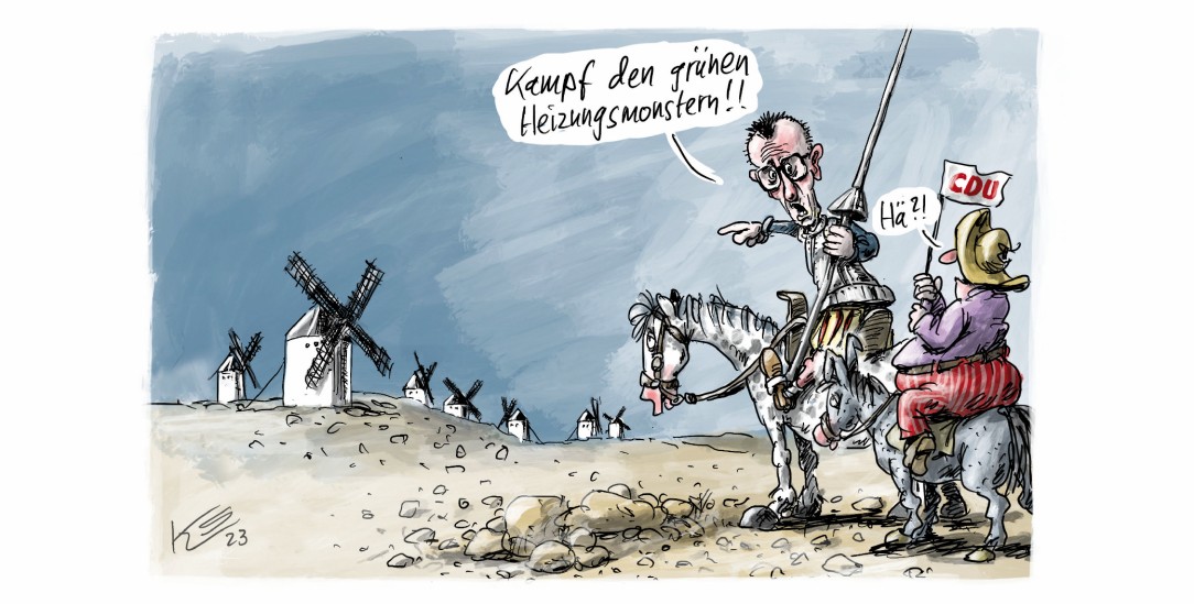 Wie sinnvoll ist der Kampf von Friedrich Merz gegen grüne Windmühlen? (Zeichnung: Klaus Stuttmann)